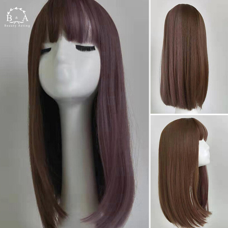 Gambar Women s Long Straight Full Wig with Bangs Light Brown Hair Extension with Mesh Full Wig Hair Extension Headgear Long Straight Full Light Brown Clip free Solid Color Women with Bangs with Mesh Clip free