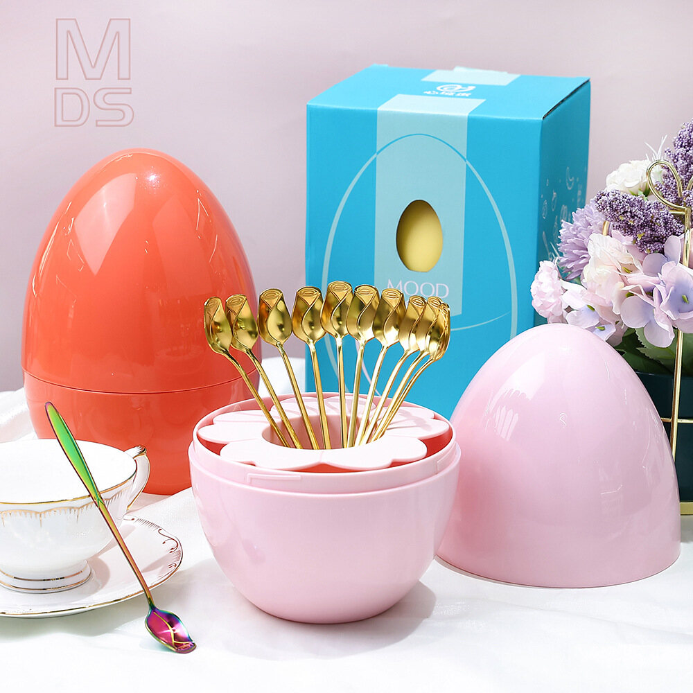 Gambar Creative Stainless Steel Rose Ice Spoon Trumpet Mood Egg Dessert Spoon Stirring Ice Spoon Ins Gift Set