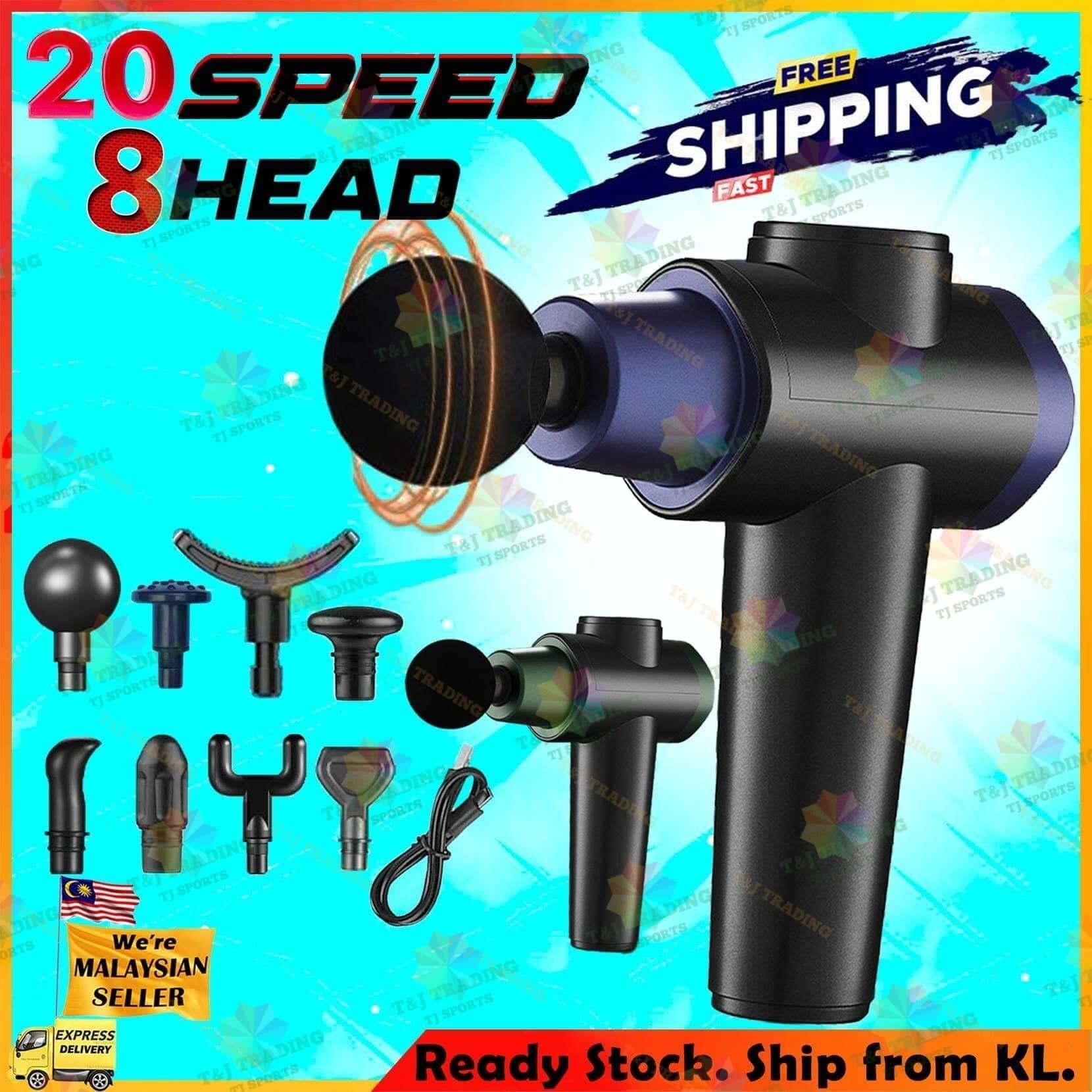 Gambar Professional Massage Gun 20 Speeds 8 Massage Heads Gym Fitness Massage Gun Strong Vibration Latest Model Vibrator Power Massage Gun TJ Sports Ready Stock