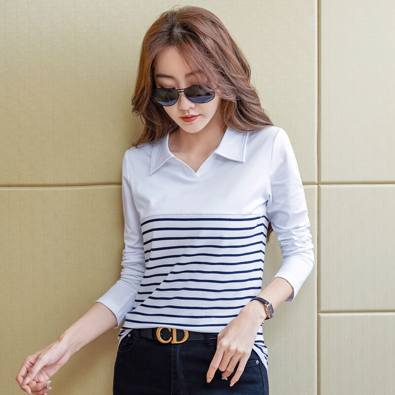 Áo thun chắp vá kẻ sọc cổ bẻ áo dài tay cho nữ áo thun cotton ôm trọn mùa xuân quần áo nữ áo thun nữ