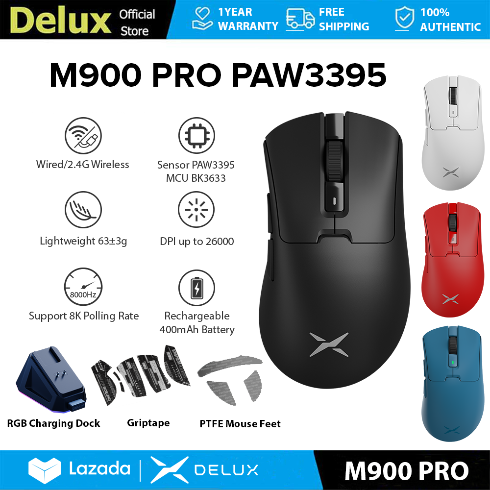 Delux M900 PRO PAW3395 Gaming Mouse DPI MAX 26000 Wired 2.4G Wireless Rechargeable with RGB Charging Dock 63g Ultra-light weight Asymmetrical Ergonomic Design for PC/Laptop/Windows