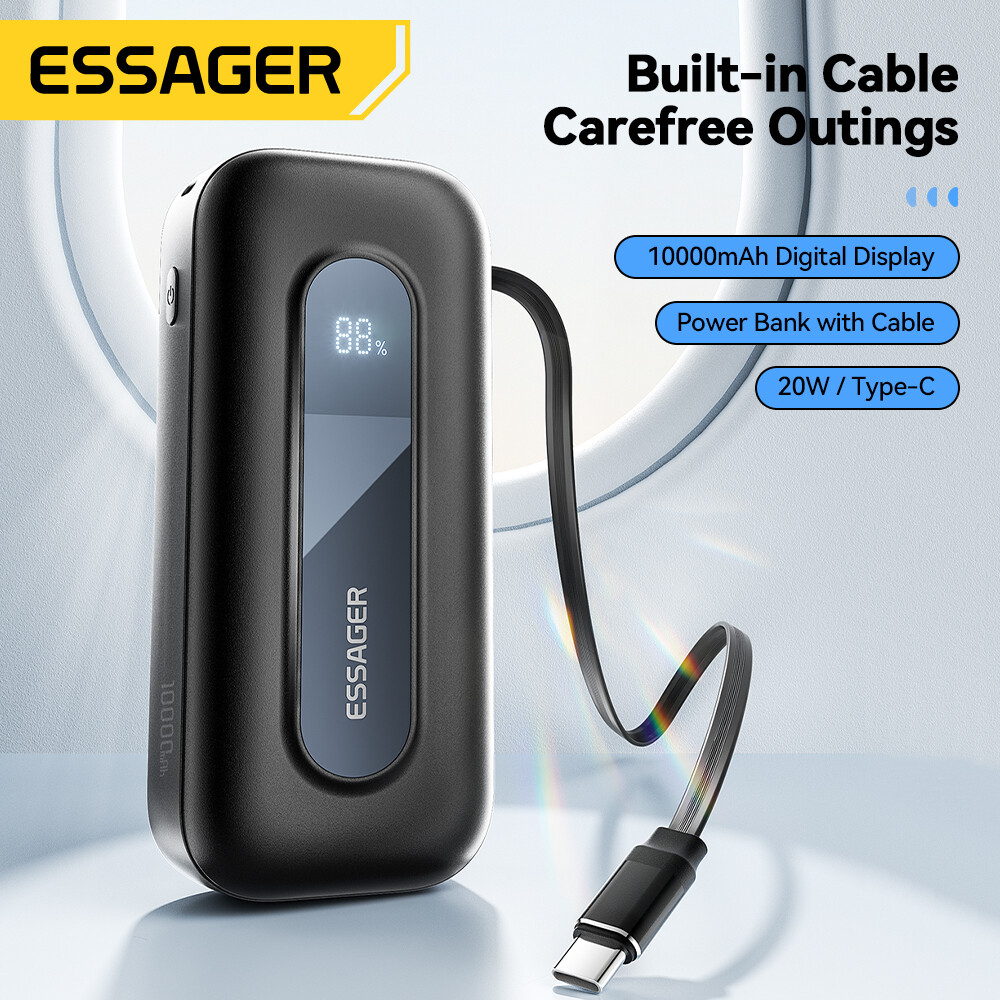Essager 10000MAh sạc dự phòng S Với Loại C cáp có thể thu vào Xách Tay Màn hình hiển thị kỹ thuật số