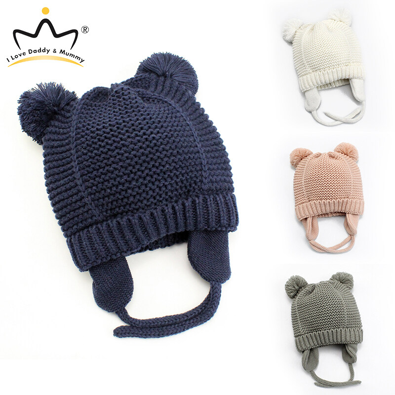 I LOVE DADDY&MUMMY 0-1Years Winter Baby Ear Protection Hat Double Pompom
