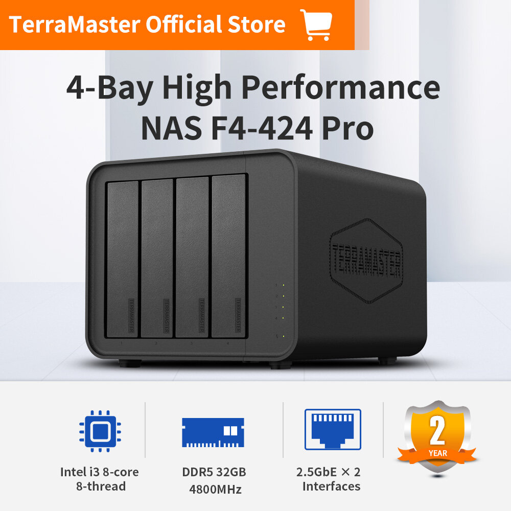 TerraMaster F4-424 Pro NAS Storage - 4Bay Core i3-N305 8-Core 8-Thread CPU, 32GB DDR5 RAM, 2.5GbE Port x 2, Network Attached Storage Peak Performance for Business (Diskless) ราคา 24,035 บาท*ส่งฟรี