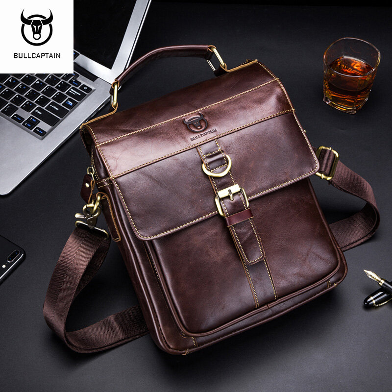 BULLCAPTAIN Men's Messenger Bag Leather Casual Portable Fashion Large-Capacity Shoulder Bag
