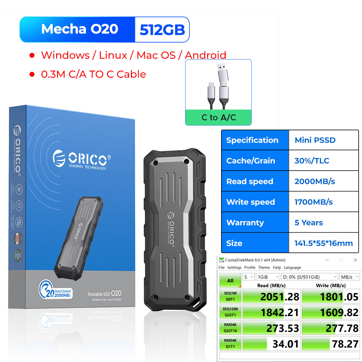ORICO 20gpbs SSD ngoài 256GB 512GB 1TB 2TB M2 NVME SSD với M.2 bao vây pssd usb3.2 Gen2 * 2 1200tbw 