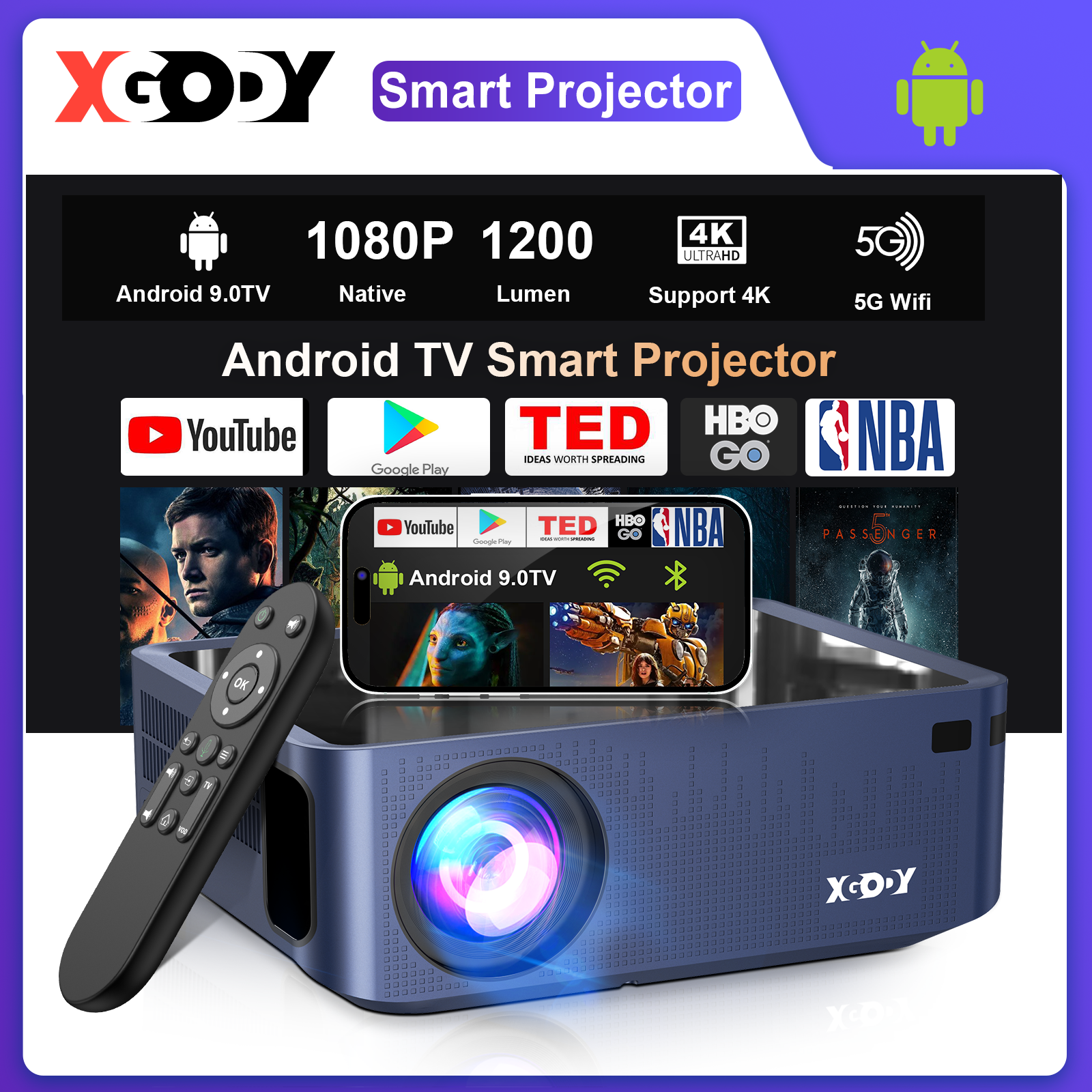 เครื่องโปรเจคเตอร์ มินิโปรเจคเตอร์โฮมเธียเตอร์ Xgody X1-Pro Native 1080P Smart Projector 4.5 inch LCD Screen Support Android TV 5G Wifi Display Bluetooth 5.0 12000 Lumens Portable Projector for Home Theater