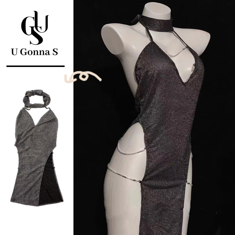 Lingerie Woman Sexy Nightwear with High Side Split Sleeveless Halter V-Neck Backless Elastic Fashion Party 2024 New Design U Gonna S - ยี่ห้อ U Gonna S ราคา 305 บาท*ส่งฟรี