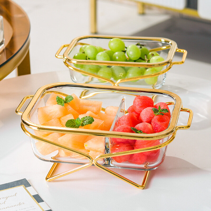 Gambar Rectangular Glass Compartment Bowl Dried Fruit Plate Binaural Iron Rack Snack Snack Fruit Salad Bowl Tray Light Luxury Fruit Plate