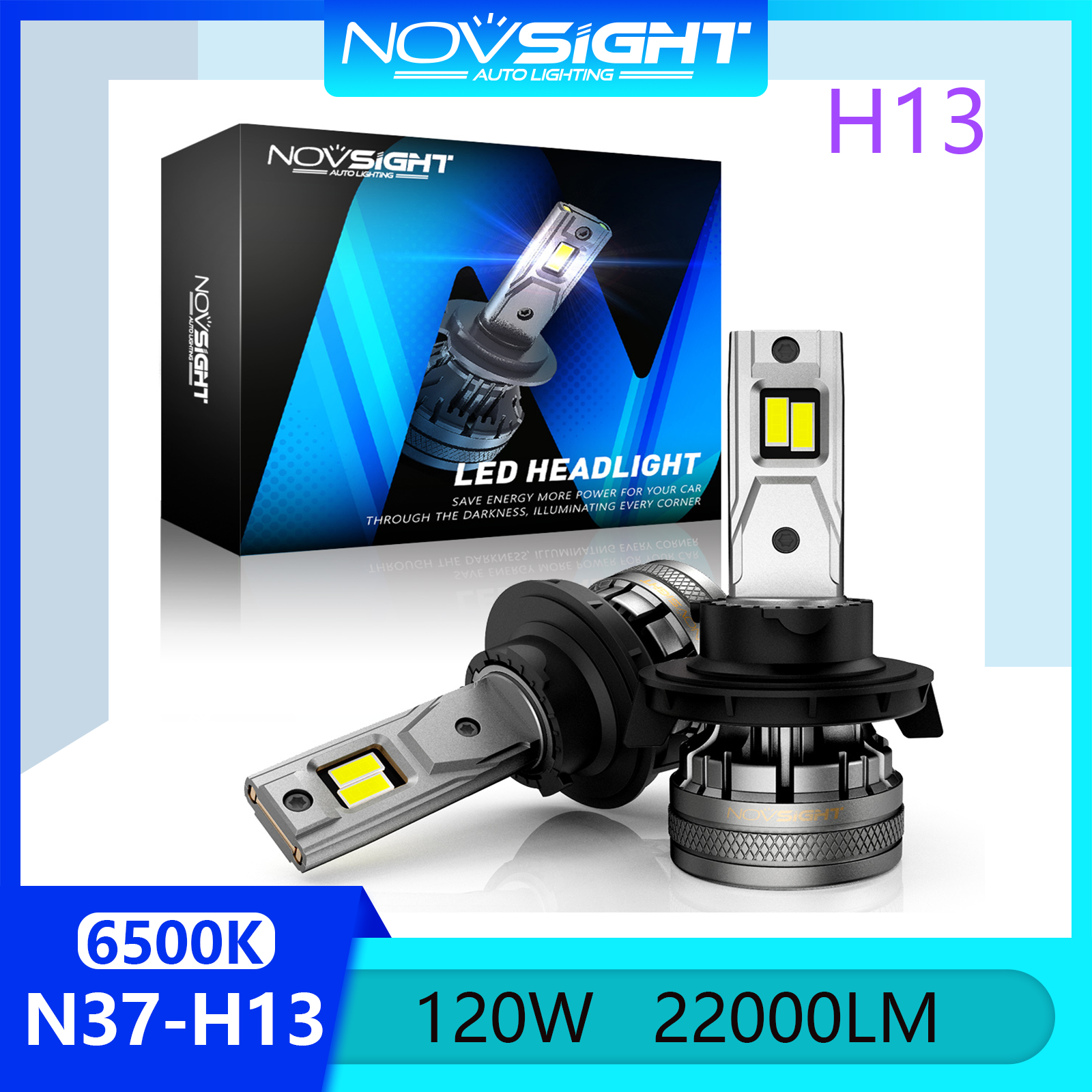 Novsight N37 6500K Đèn pha LED siêu sáng H13 Đèn pha LED Bộ đèn pha Đèn sương mù Chùm sáng cao / thấp 120W 22000LM Cắm và chạy Còn hàng 1 cặp 2 miếng Bảo hành 2 năm Miễn phí vận chuyển