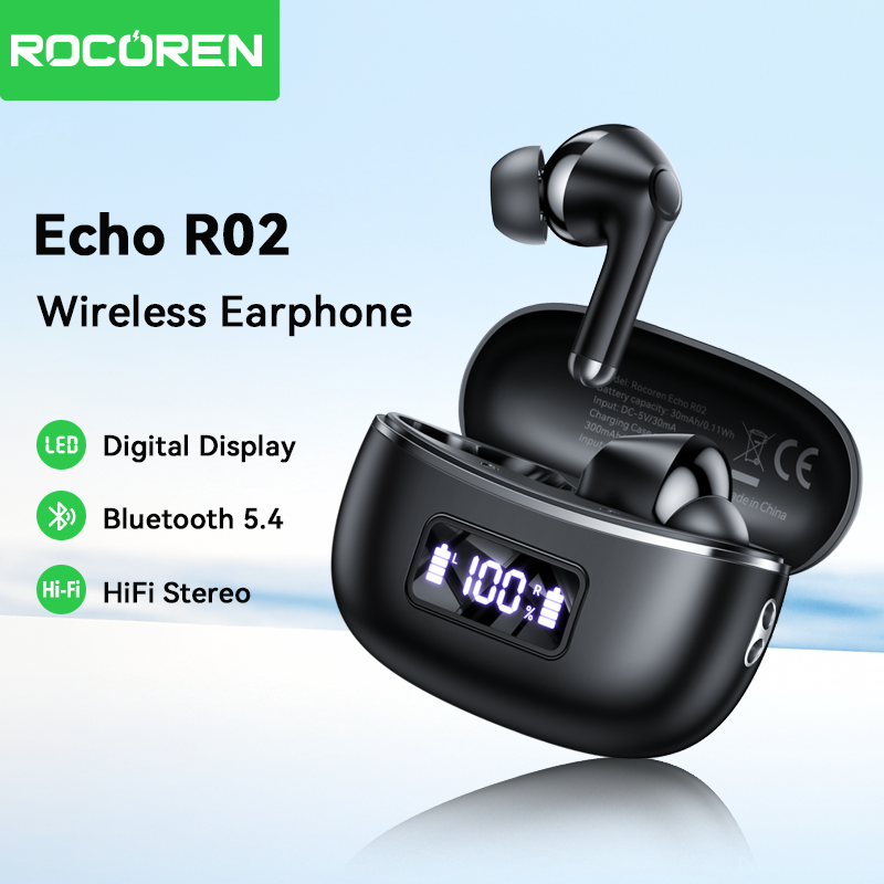  Rocoren Echo R02 Đúng tai nghe gắn tai không dây TWS Bluetooth 5.4 Tiếng Ồn Hủy Bỏ Với HD Microphone âm thanh nổi trầm Âm Thanh Trong tai nghe đeo tai màn hình led kỹ thuật số Siêu pin dài Cuộc Sống Cuộc Gọi Tai Nghe độ trễ thấp tai nghe chơi game 