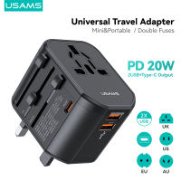 USAMS 12W/20W Universal Travel Adapter Power Adapter PD65W Fast Charge With UK/US/EU/AU Plus Worldwide Travel Plug 2USB Charging Ports International Wall Adapter & Universal AC Socket for Travelling over 200 countries