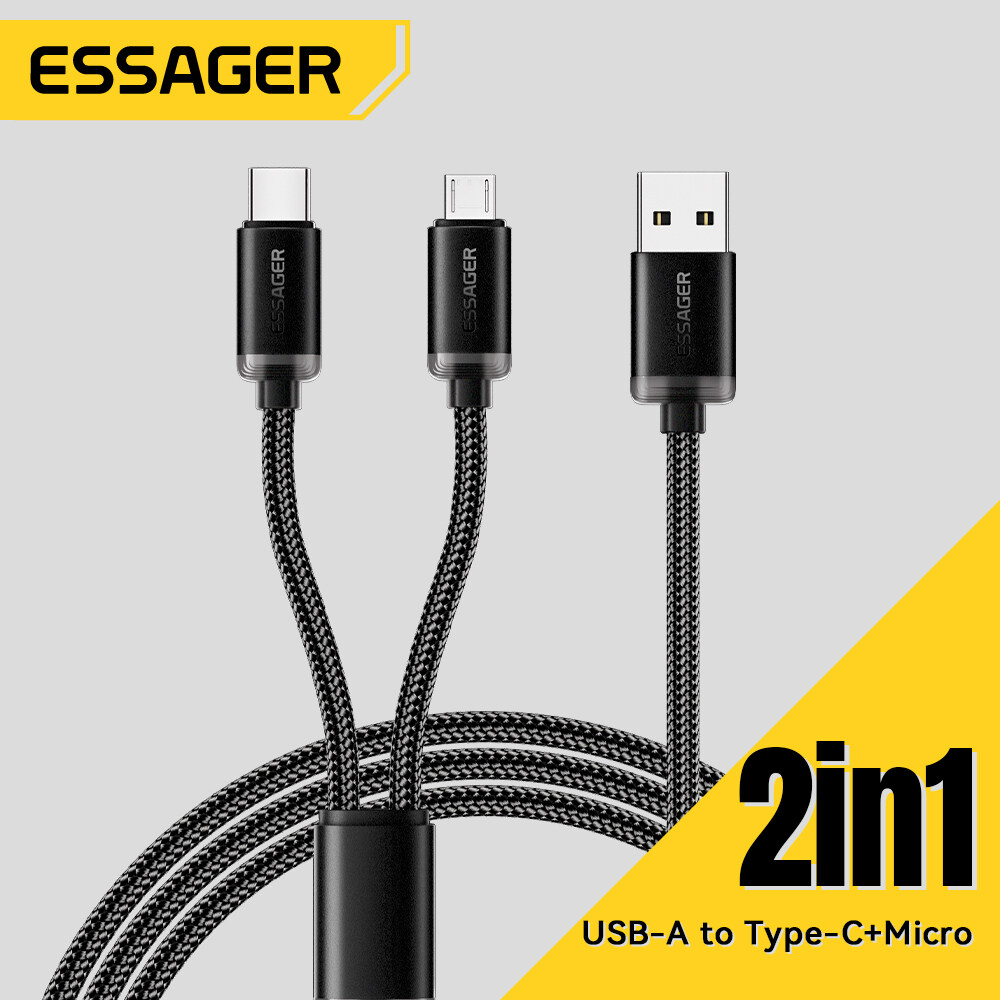 Essager 2A USB A Để Loại C + Micro Cáp 2 Trong 1 Dây Cho Huawei Samsung Xiaomi POCO OnePlus Realme Đ