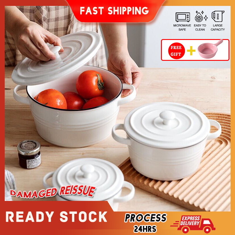 Gambar Double Ear Ceramic Bowl with Lid and Handle Soup Bowl Salad Bowl Steamed Egg Bowl Instant Noodle Bowl