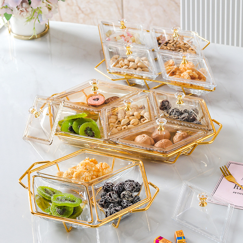 Gambar Glass Dried Fruit Plate Snack Plate Iron Frame Amber Divided Grid Plate Fruit Plate Cake Snack Plate Prismatic Platter