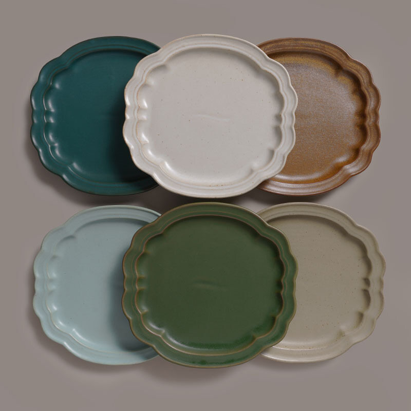 Gambar Japanese Lace Ceramic Flat Plate Creative Fruit Dessert Shallow Plate Retro Household Handmade Irregular Dish Cloud Plate