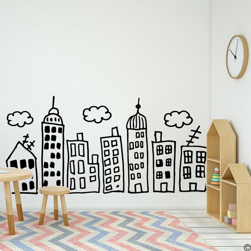 Large City Skyline Doodle Wall Sticker Kids Room Nursery Hand Drawn City Skyline Wall Decal Playroom Vinyl Home Decor (2)