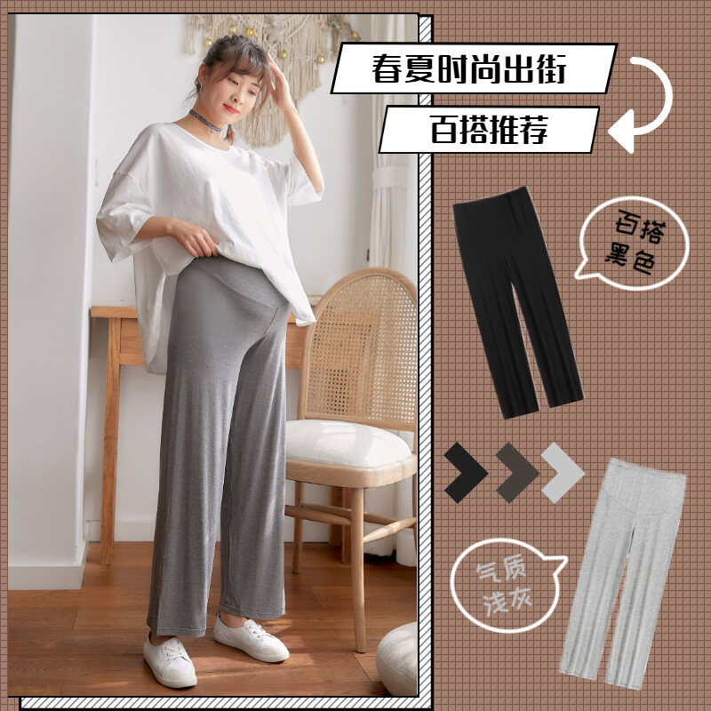 Quần thun cho phụ nữ mang thai quần thai sản thường ngày vải lanh dáng rộng Cotton cho bà bầu quần chùm bụng quần ống rộng quần mặc hè cho bà bầu