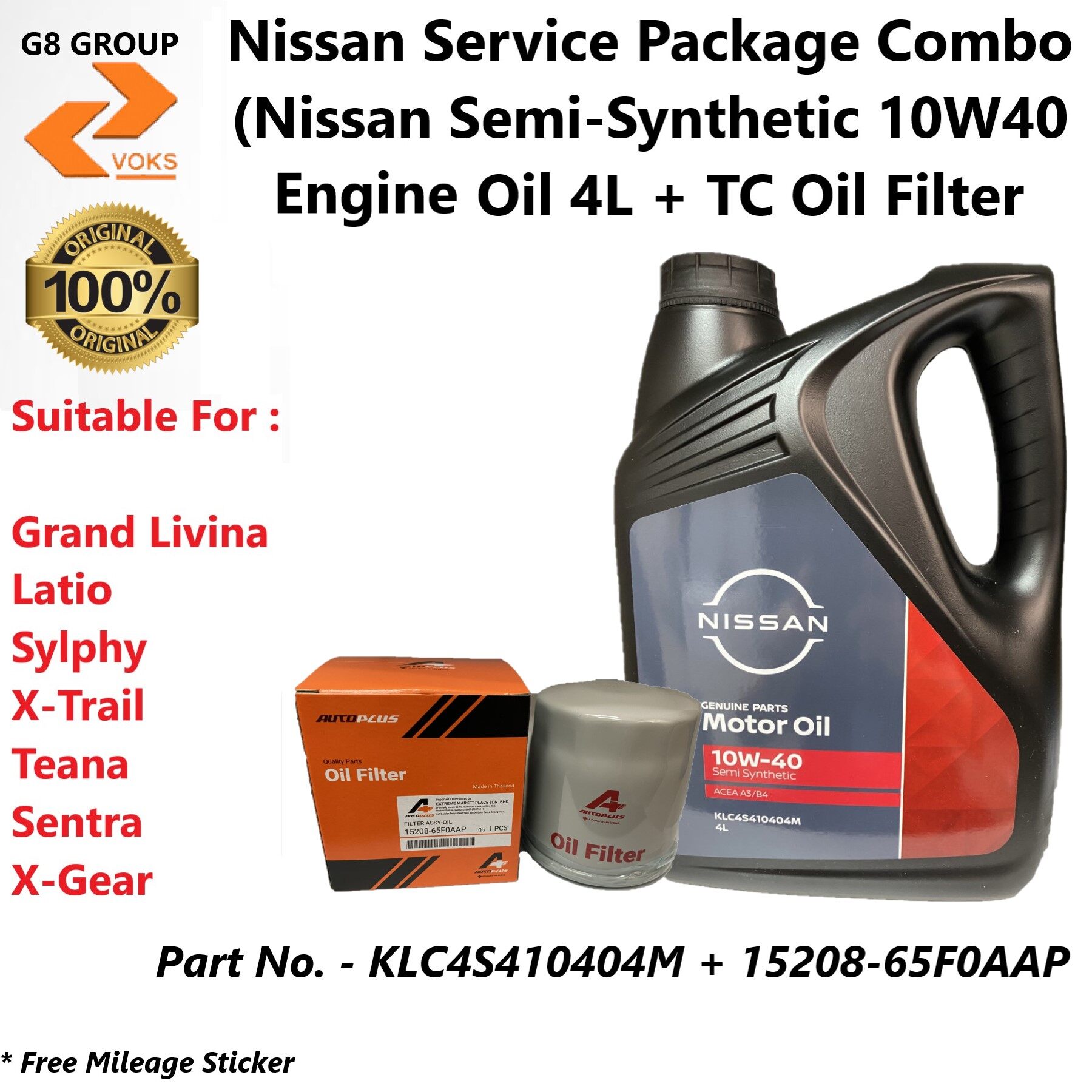 Nissan Service Package Combo NISSAN SEMI SYNTHETIC 10W40 ENGINE OIL 4L + TC OIL FILTER KLC4S410404M + 15208-65F0AAP