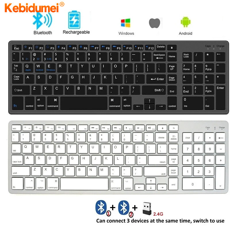 Kebidumei Bluetooth 5.0 & 2.4G Wireless Keyboard 102 keys Universal Rechargeable Keyboard For Android Windows Laptop