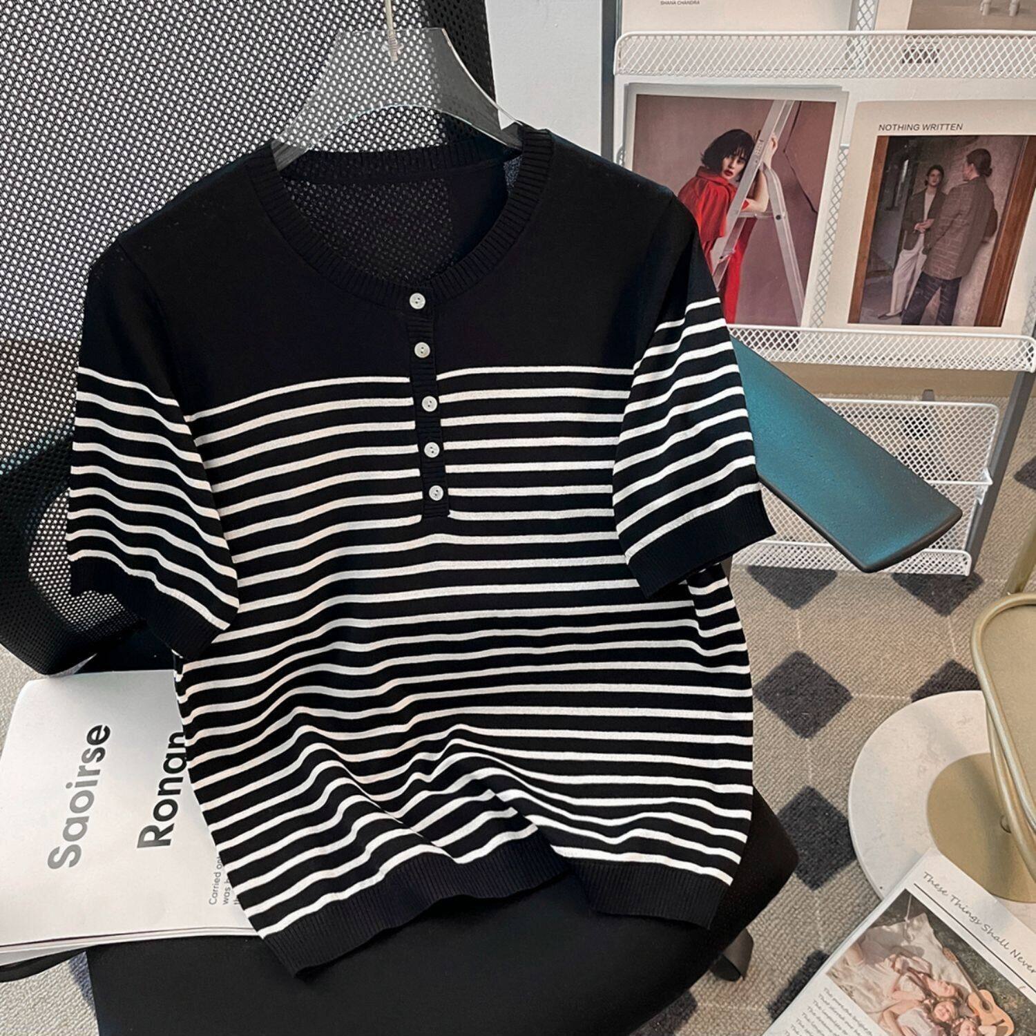 LUCKIN STORE Women's Stripe Tops Loose Thin Knitwear Korean T-Shirts Slim Versatile Pullover Short Sleeve Top T-Shirt Spring/Summer New Blouse