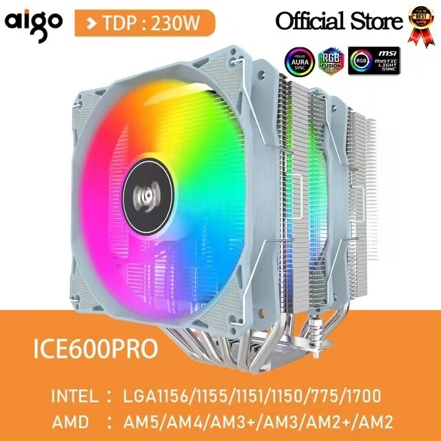 Aigo cpu cooler argb dual tower 6 heatpipes pc radiator cooling 4pin pwm 120mm fan intel 1150 1155 1156 1366 am2/am3/am4 amd