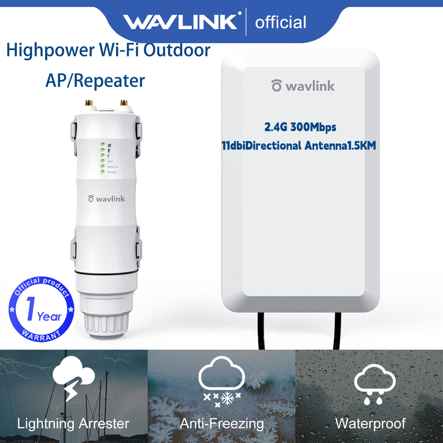  Wavlink Bộ AP Repeater Ngoài Trời Tầm Xa 2.4GHz 300Mbps Không Dây Cho Truyền PtP Và PtMP | Cầu WiFi Điểm Đến Điểm | Ăng Ten 2*2 MIMO 11dBi 1.5Km | PoE Thụ Động Được Cấp Nguồn | Mở Rộng Mạng WiFi | Vỏ Bọc Chống Thời Tiết 