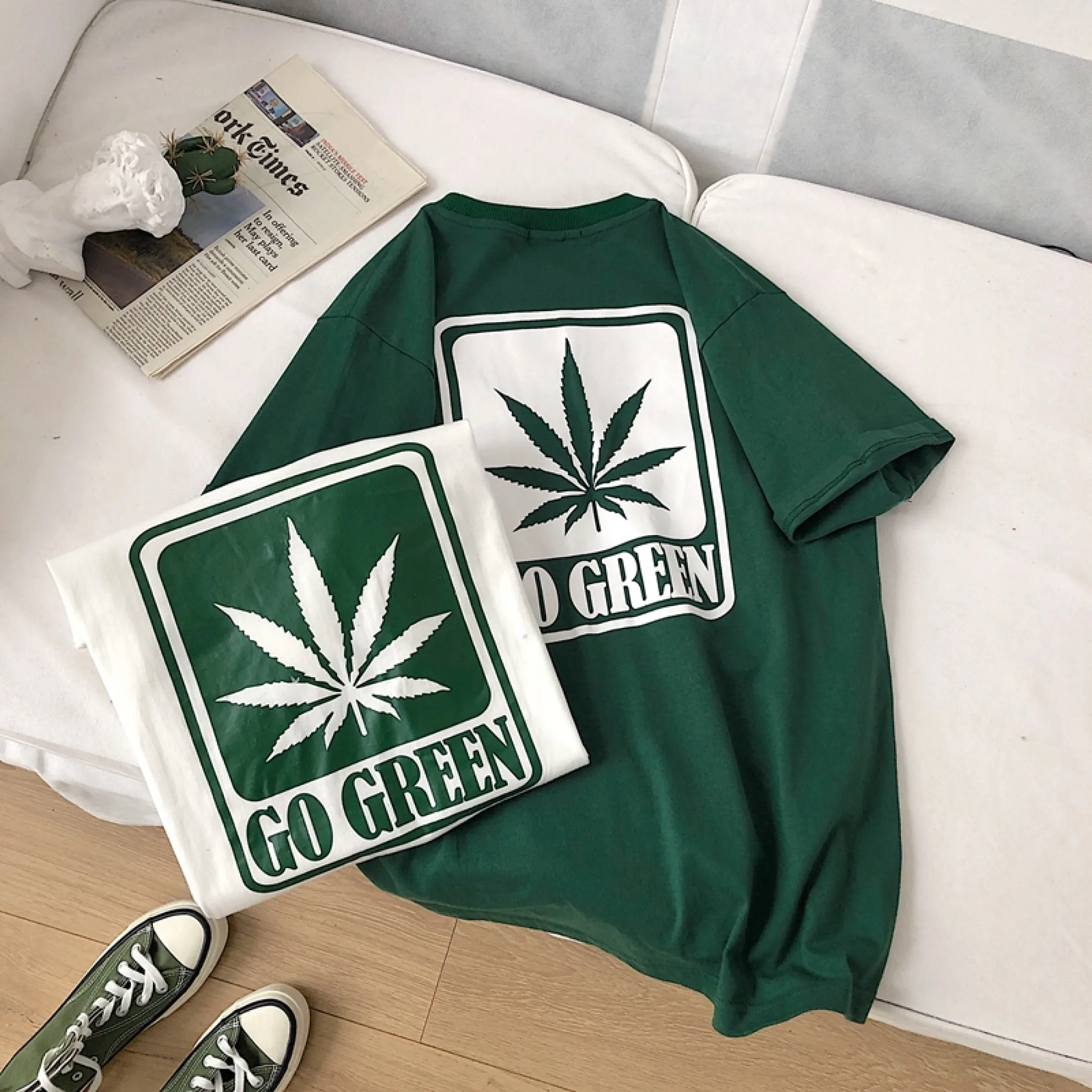 Korean Version Loose Oversize Men S T Shirts Round Neck Unisex T Shirts Cartoon Go Green Letter Print Fashion Casual Short Sleeve Lazada Singapore