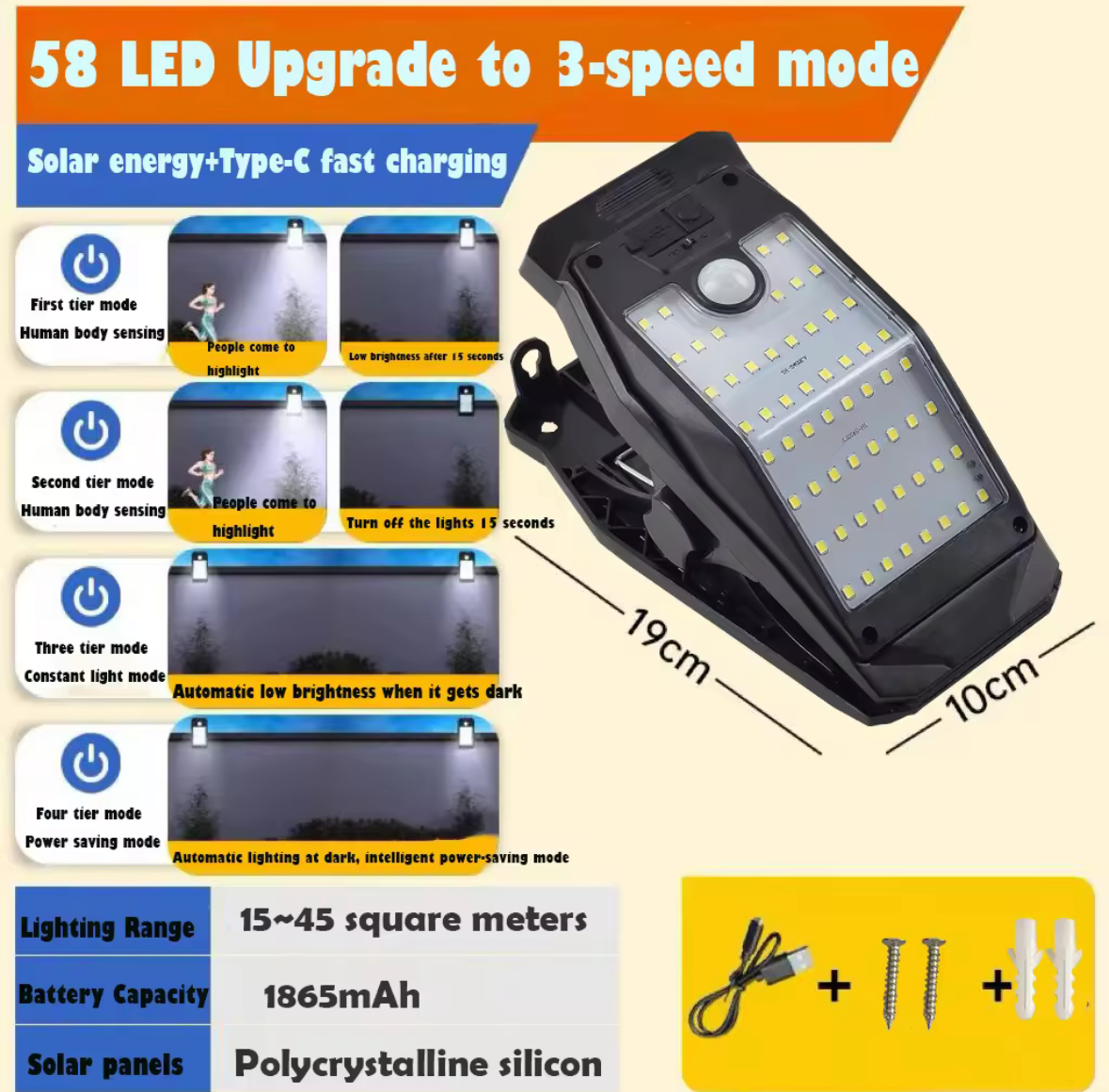 2025 Upgrade Solar Powered 58 LED Portable Clip Light Outdoor Light，Courtyard Light Human Sensing Ultra Bright Lighting Street Light Home Waterproof Wall Light
