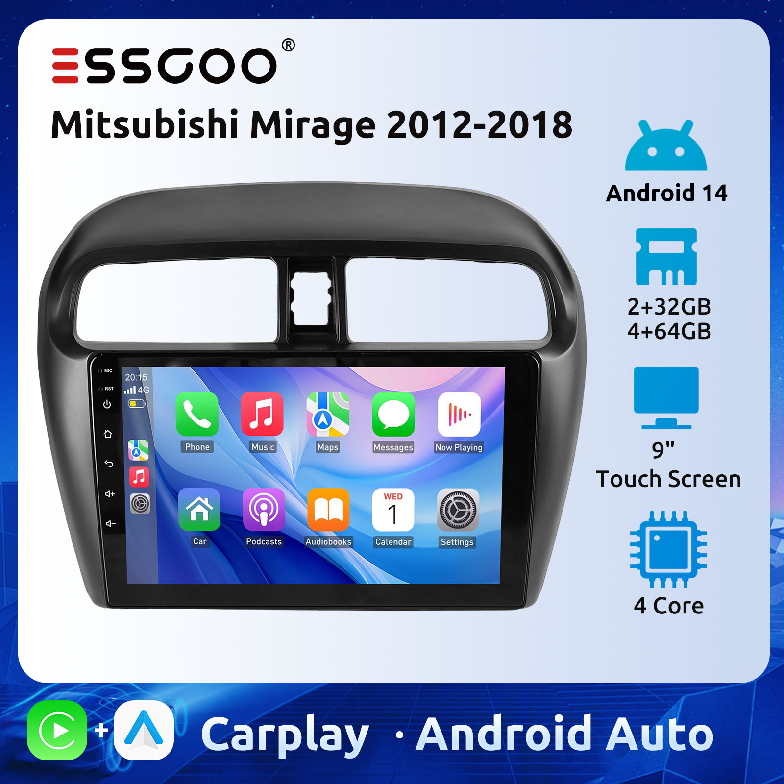 ESSGOO 2+32GB 4+64GB 9 Inch Multimedia Android Player For Mitsubishi mirage 2012-2018 IPS Screen Carplay Android Auto 1080P DVR Car Stereo Radio Plug play WiFi BT GPS ราคา 3,199 บาท*ส่งฟรี