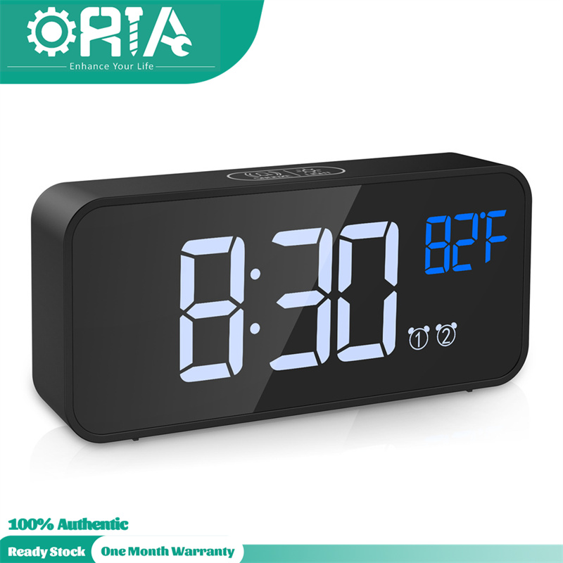 ORIA Digital Alarm Clock 12/24H Format Mirror LED Music Digital Clock Voice Control Dual Alarm Desk Clock with Snooze USB Charging Port for Bedroom Bedside Office Students Kids Elderly