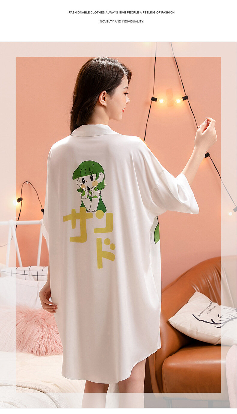 Váy ngủ nữ Cho Phụ Nữ, V-Cổ Cài Cúc Voan Phim Hoạt Hình Mùa Hè Mỏng Ngủ