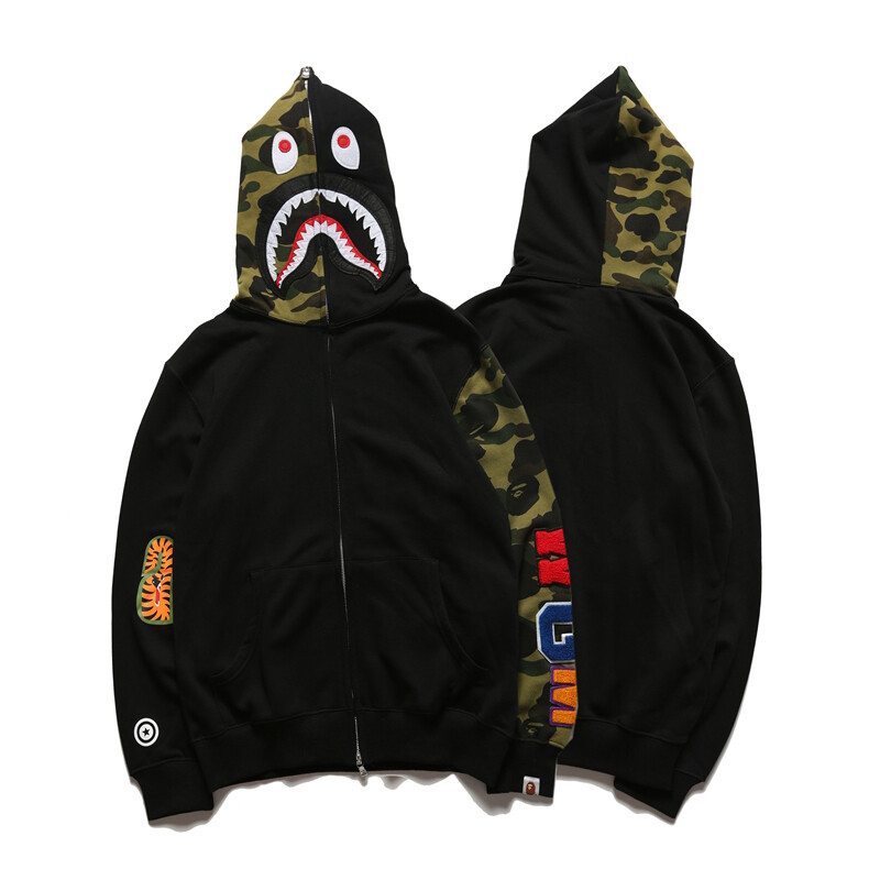 Bape áo hoodie rằn ri tay lỡ khâu đầu cá mập áo khoác ngoài trời áo khoác cardigan có khóa kéo áo nỉ