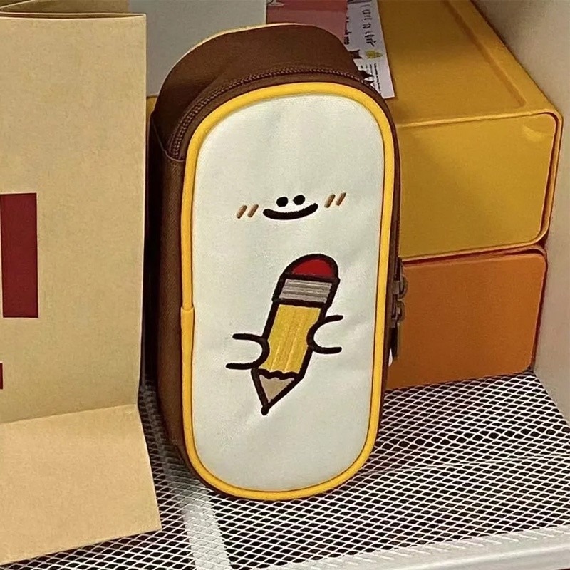 Ins Japanese Pencil Tip Embroidery Retro Pencil Case Cute Multifunctional Large Capacity Pen Bag Student Storage Bag Stationery Box