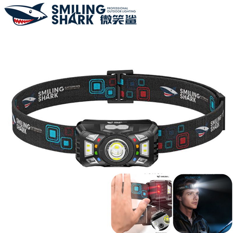 Nụ Cười Cá Mập Đèn Pha LED Cảm Ứng đèn câu cá đeo trên đầu 4 Chế Độ Ánh Sáng Màu Đỏ đèn cảnh báo COB KẸP MŨ Đèn Loại C Có Thể Sạc Lại Không Thấm Nước đi bộ ngoài trời Câu Cá Td0278