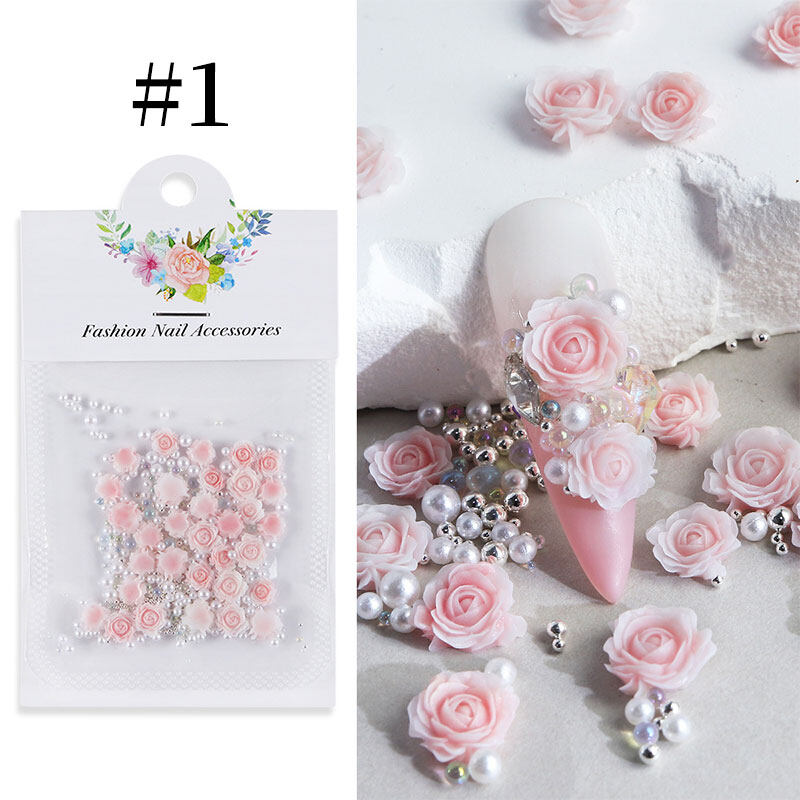 Ur Đường hoa hồng màu hồng Hoa 3D Nail Bướm trang trí ren Hỗn Hợp hạt ngọc trai Charms Móng Tay Phụ