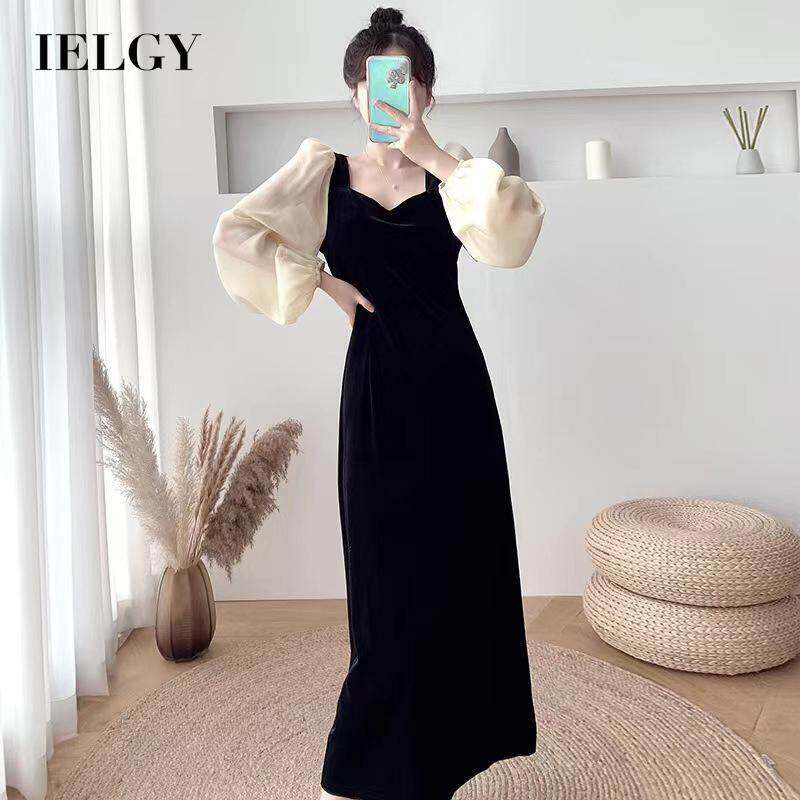 Ielgy váy nhung vàng đen cho nữ tay dài kiểu pháp