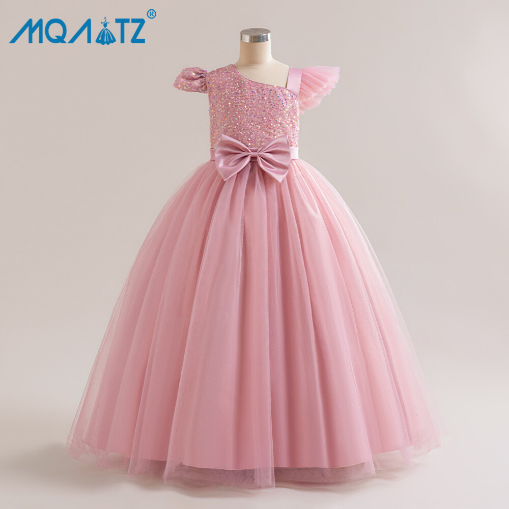 MQATZ Summer Girls Princess Bridesmaid Dress Kids Long Prom Ball Gowns Children Wedding Birthday Party Eids Bow Lace Costume AQS01 ราคา 713 บาท*ส่งฟรี