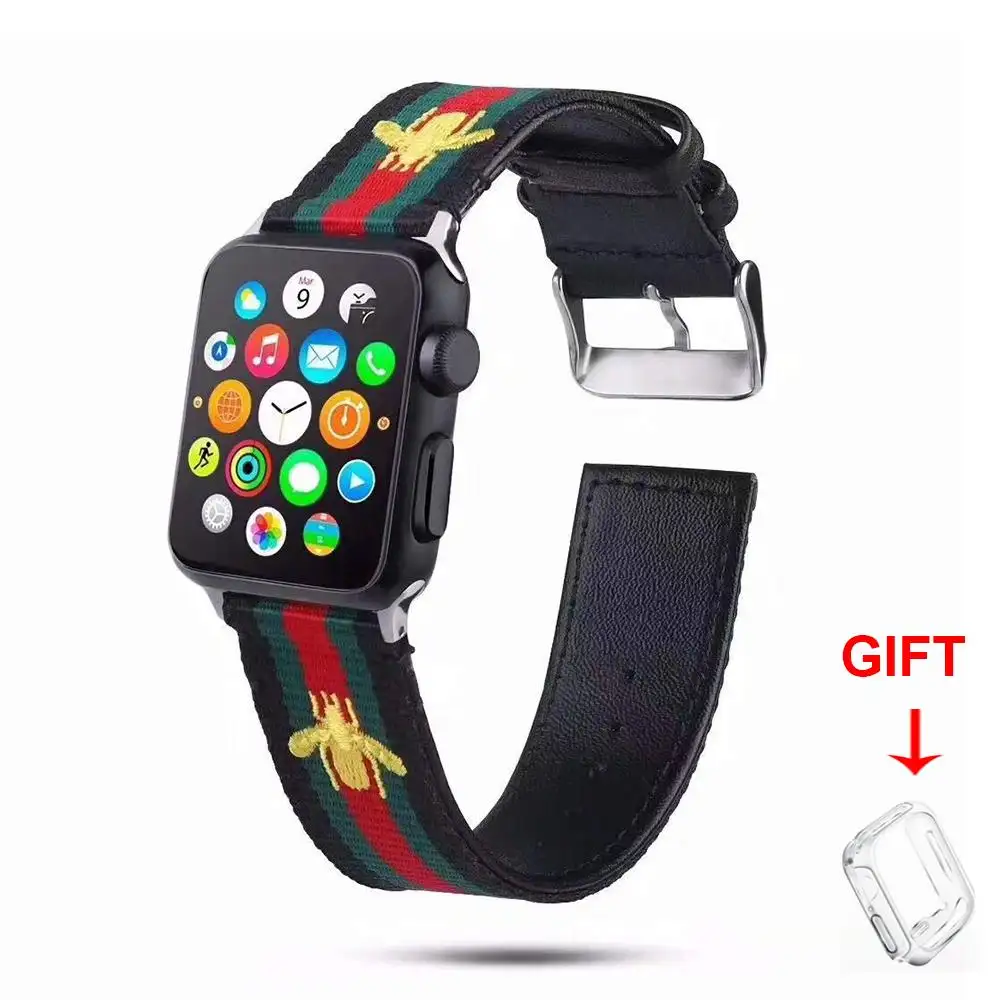 Nylon And Leather Bands Replacement For Apple Watch 38mm 40mm 42mm 44mm Strap With Green And Red Striped And Embroidered Golden Bees Sport Bands For Apple Watch Series 5 4 3 2 1 Lazada Singapore