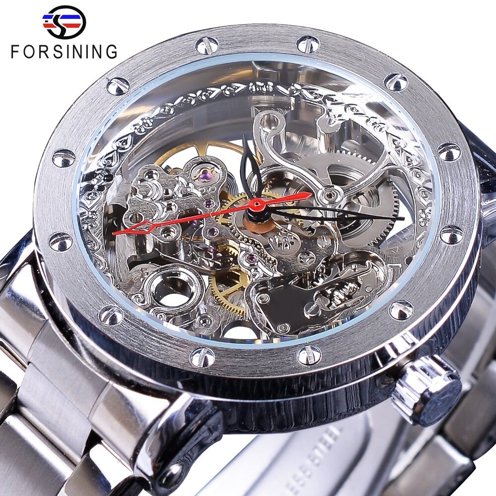 Forsining đồng hồ đồng hồ đầu lâu màu bạc đồng hồ cơ tự động dây thép không gỉ màu đen kim đồng hồ nam trong suốt. quà tặng