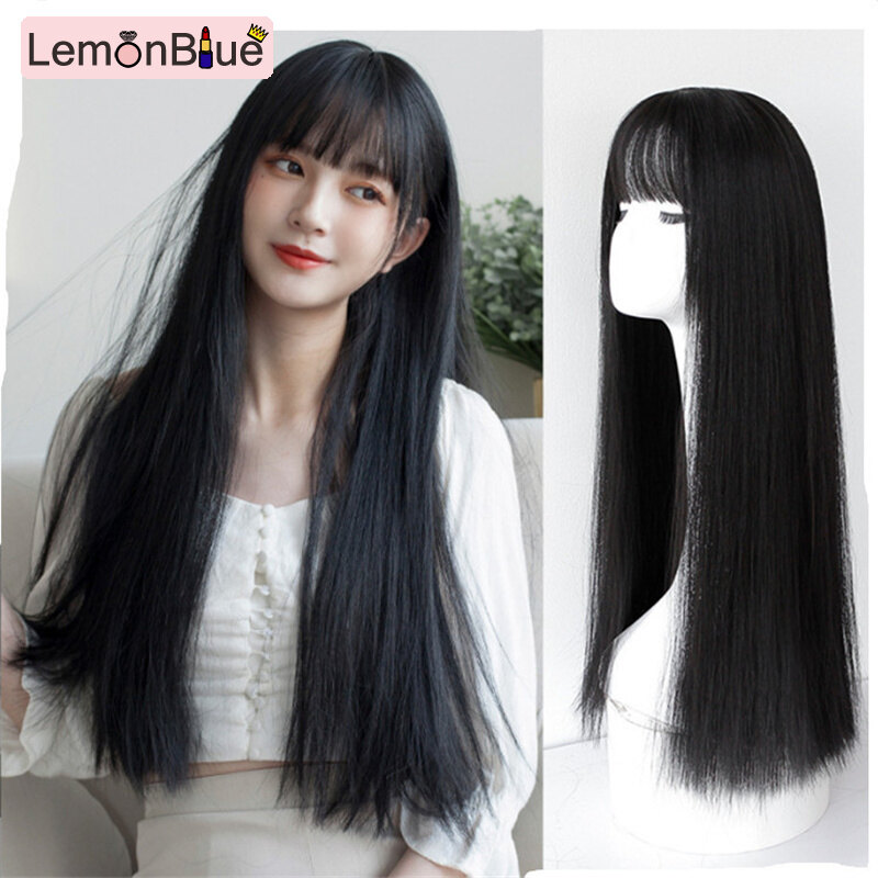 Gambar LemonBlue Long Straight Wig with Bangs Hair Extensions Personalized Hair Accessories Women Girls with Fashion Bangs Hair Extensions Personalized Hair Accessories Great Gifts Long Straight Wig