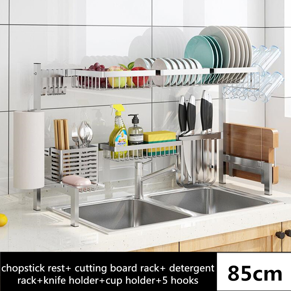 Gambar DIY Stainless Steel Drain Basket Sink Organizer Fruit Baskets Dish Drying Shelf Organization Shelf Kitchen Accessories Kitchen Holder