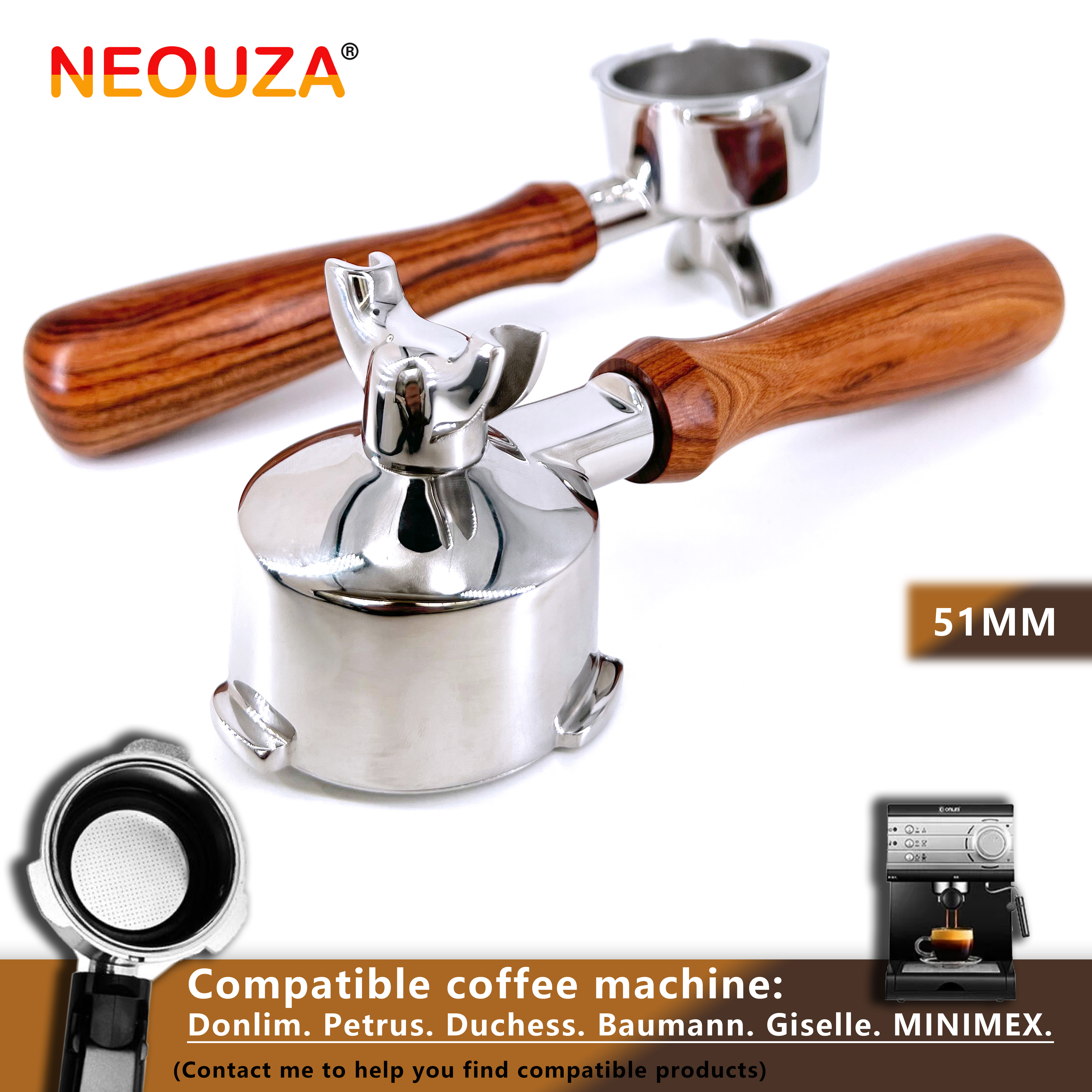 NEOUZA 51mm Portafilter Compatible with Donlim Duchess Giselle Baumann Petrus Yabano OsterNova PrimaLatte KCB Gevi Espresso Machines Stainless Steel Non-Pressurized Basket Two Spouts ราคา 696 บาท*ส่งฟรี