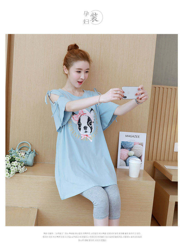 BoBoM Maternity Clothes Summer Suit Maternity T-shirt Short Sleeve Summer Base Top Loose Summer Mid-length Dress