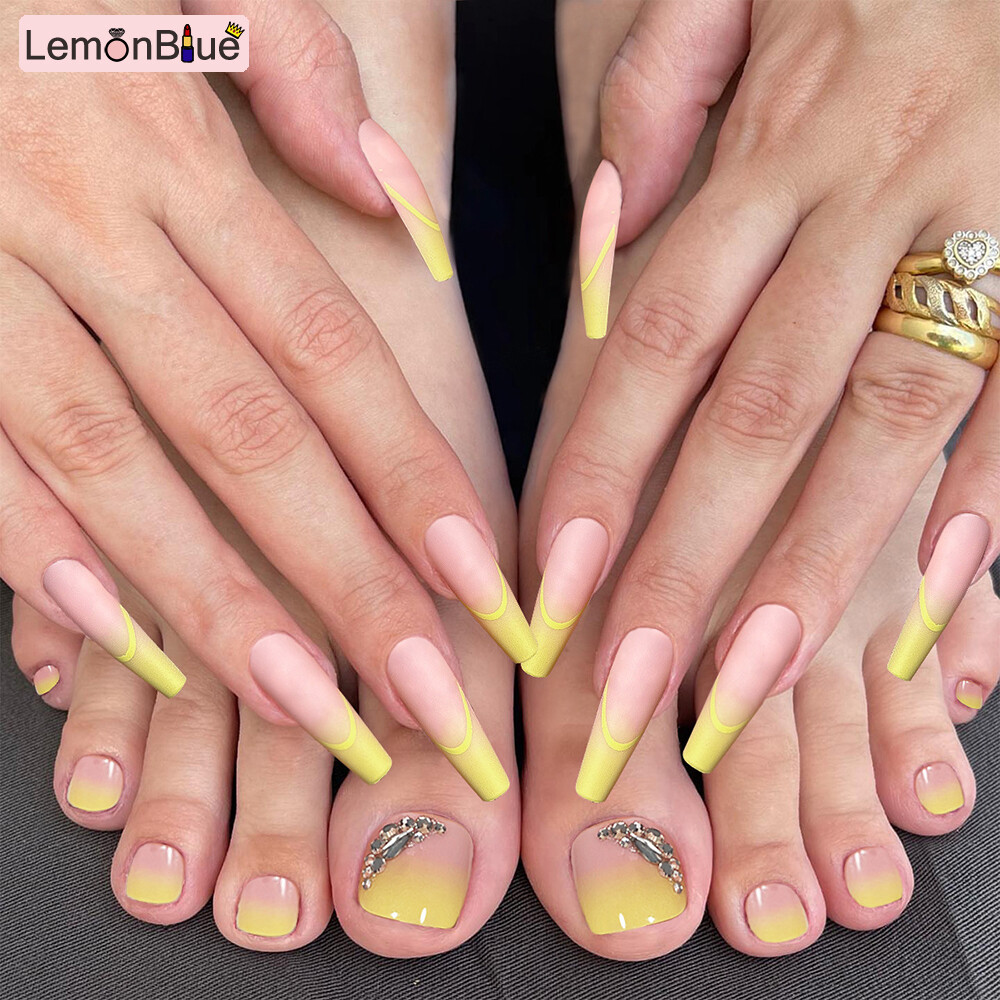 Gambar LemonBlue 48Pcs Yellow False Toenails Long Wearable Fake Nails Set for Women and Girls French Style Full Cover Nail Sticker Artificial Nails Fake Nail Pieces Easy Tear Not Fall Nail Art Salon Finger Toes DIY Manicure Fake Nail Patch Press on Nails