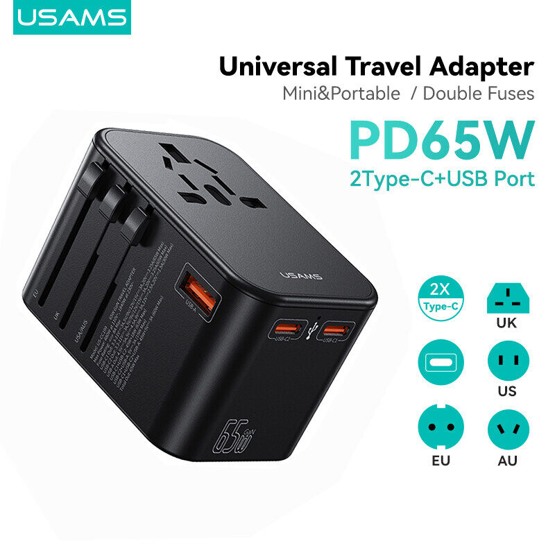 USAMS 12W/20W Universal Travel Adapter Power Adapter PD20W Fast Charge With UK/US/EU/AU Plus Worldwide Travel Plug 2USB Charging Ports International Wall Adapter & Universal AC Socket for Travelling over 200 countries