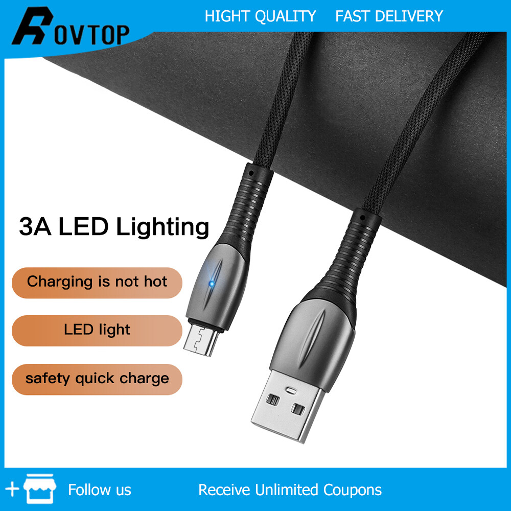 Rovtop cáp sạc siêu nhanh usb 3a có đèn báo cho điện thoại apple microusb android type-c, chiều dài đường dây 1m