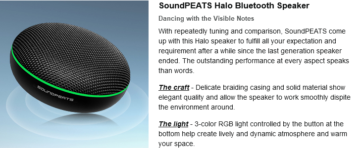 40mm Driver for Deep Bass 8 Hours Playtime 3-Color RGB Light SoundPEATS Halo Bluetooth Speaker V5.0 Portable Wireless Speaker with 360 HD Surround Stereo Sound