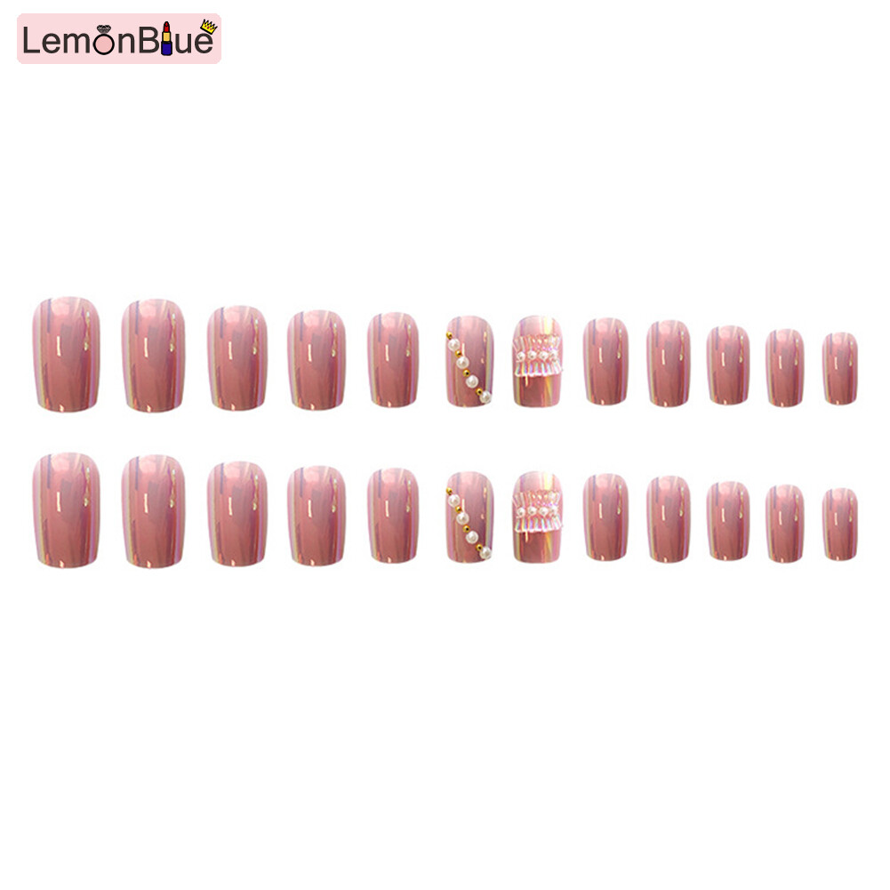 Gambar Shiny Bow Decorated False Nails Long Removable Full Cover Finished Nail Piece Sweet Style Save Time with Jelly Gel Glue Pearl Fake Nails Salon DIY Art