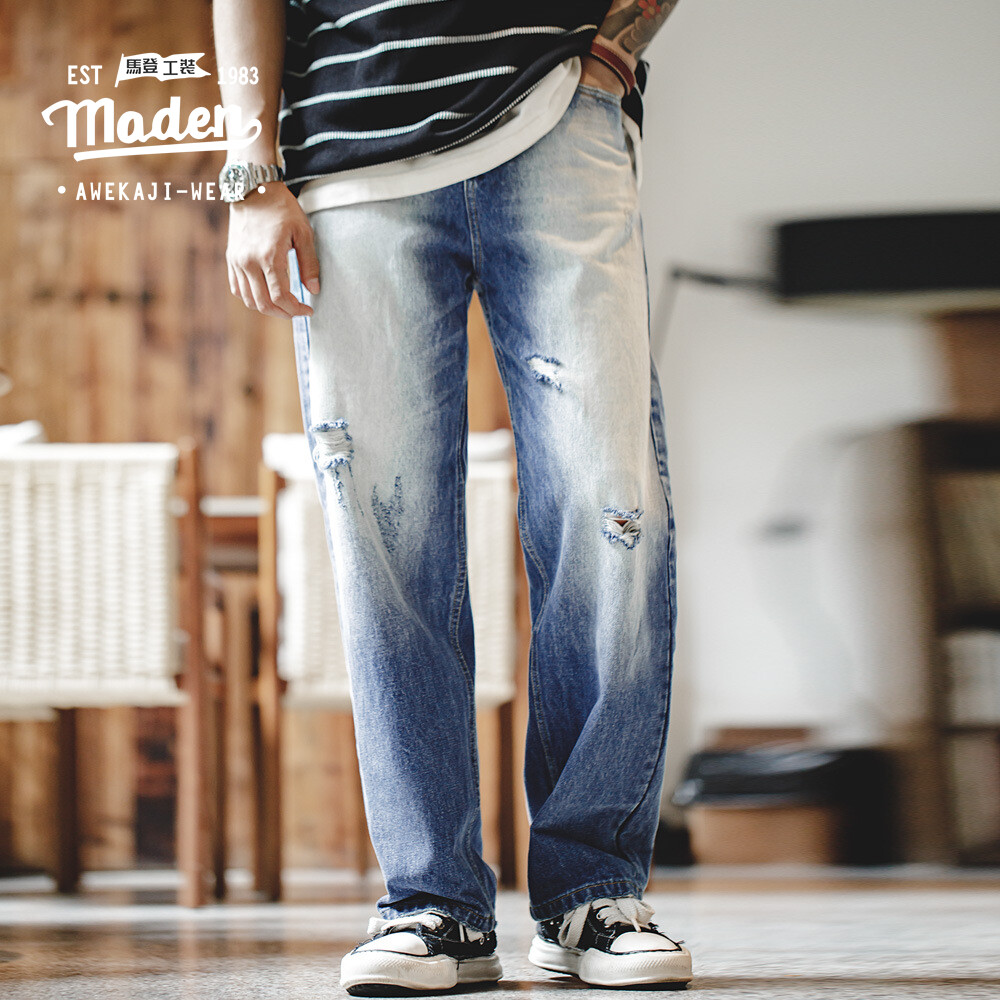  Maden thương hiệu Quần áo bảo hộ lao động phong cách cá tính người Mỹ giản dị rách đã qua xử lý jeans denim hư hỏng mòn mặt đất màu trắng Retro quần ống đứng 